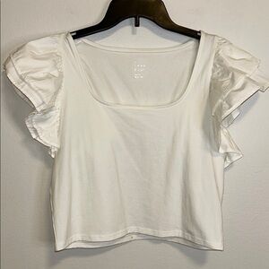 A New Day White Ruffled Crop Blouse with Flutter Sleeves